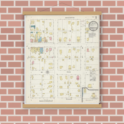 Old map wall art mockup — magnetic wood frame on brick wall — Sanborn Fire Insurance Map from Pecatonica, Winnebago County, Illinois (1893), Sheet #0001