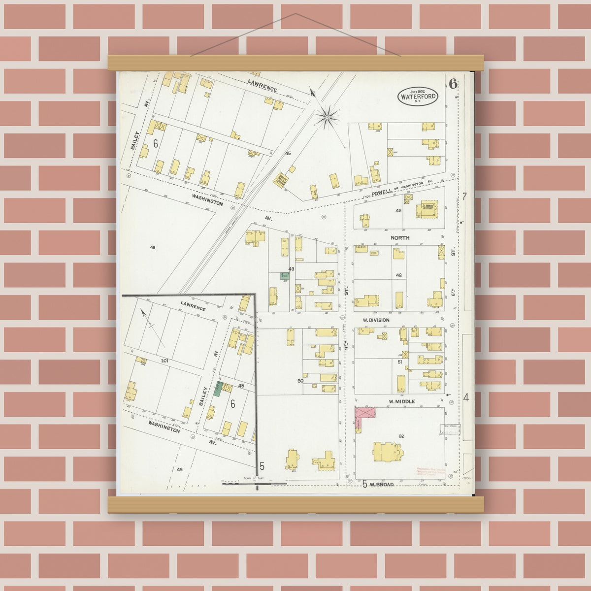 Old map wall art mockup — magnetic wood frame on brick wall — Sanborn Fire Insurance Map from Waterford, Saratoga County, New York (1902), Sheet #0006