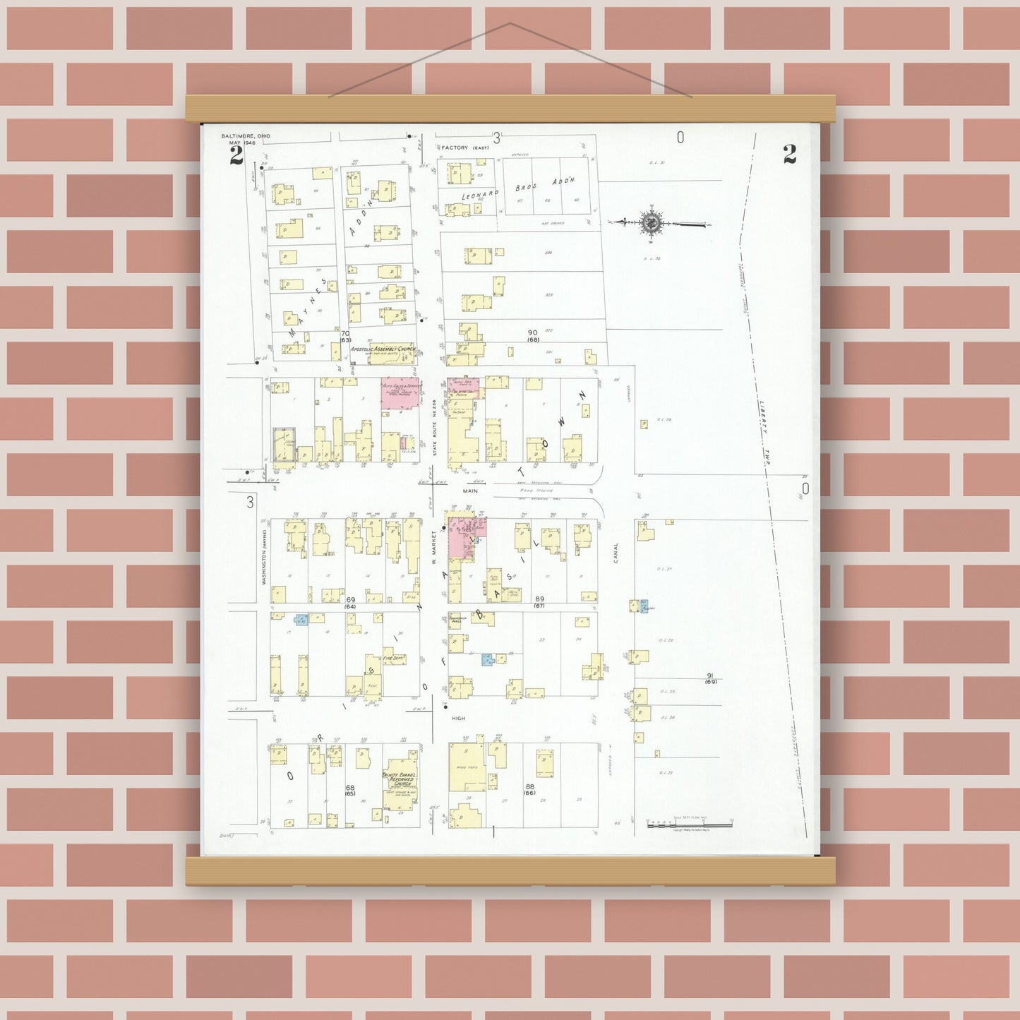 Old map wall art mockup — magnetic wood frame on brick wall — Sanborn Fire Insurance Map from Baltimore, Fairfield County, Ohio (1946), Sheet #0002