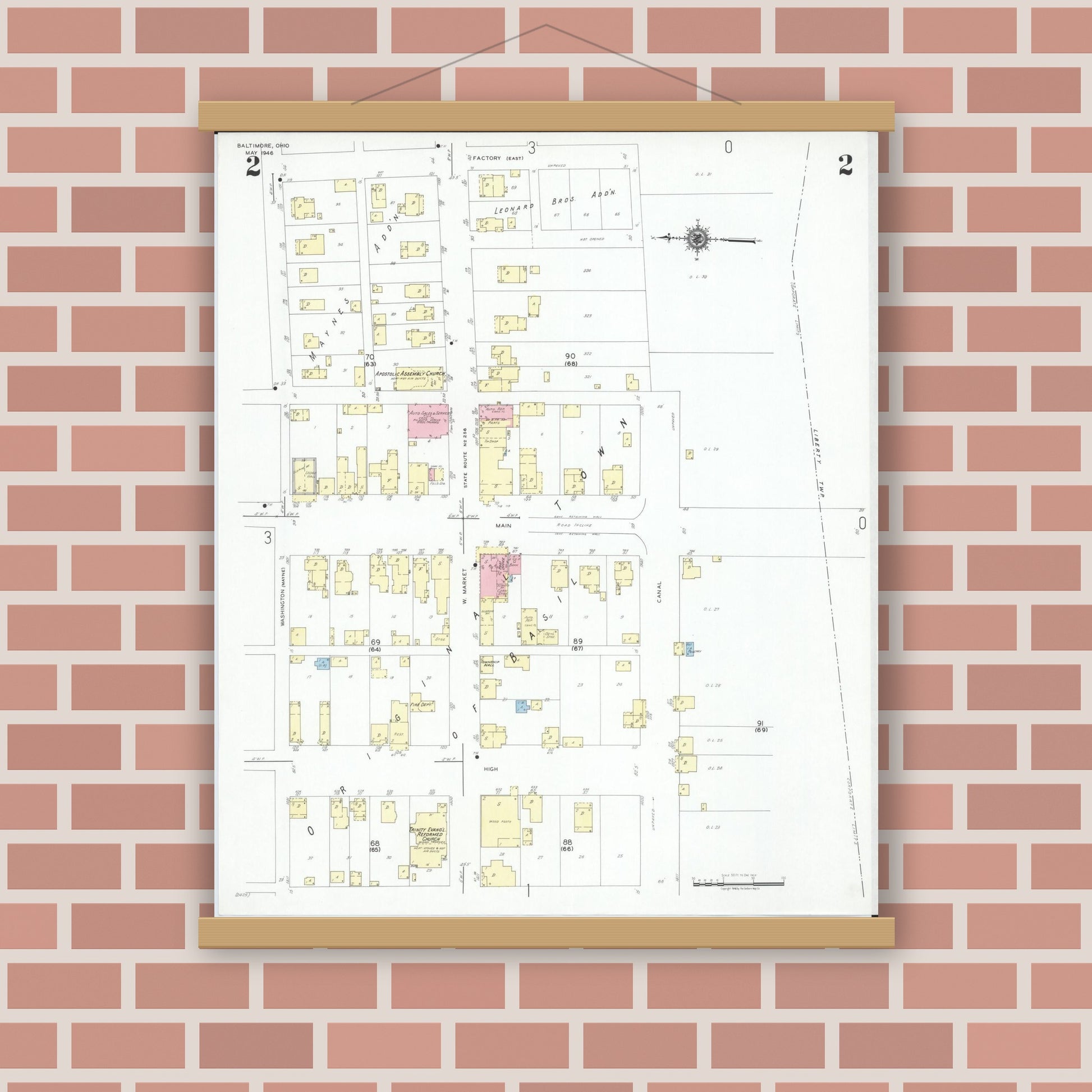 Old map wall art mockup — magnetic wood frame on brick wall — Sanborn Fire Insurance Map from Baltimore, Fairfield County, Ohio (1946), Sheet #0002
