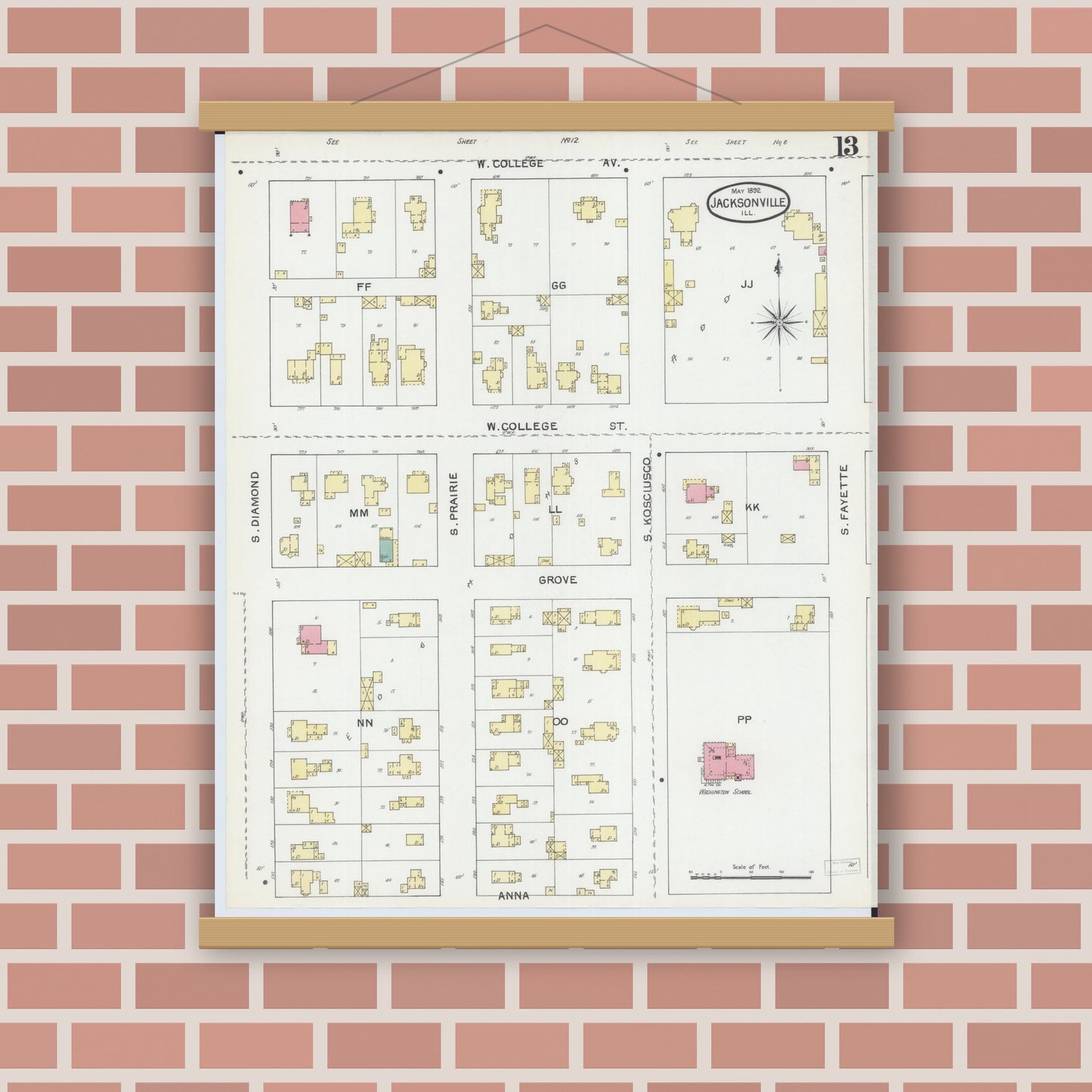 Old map wall art mockup — magnetic wood frame on brick wall — Sanborn Fire Insurance Map from Jacksonville, Morgan County, Illinois (1892), Sheet #0013