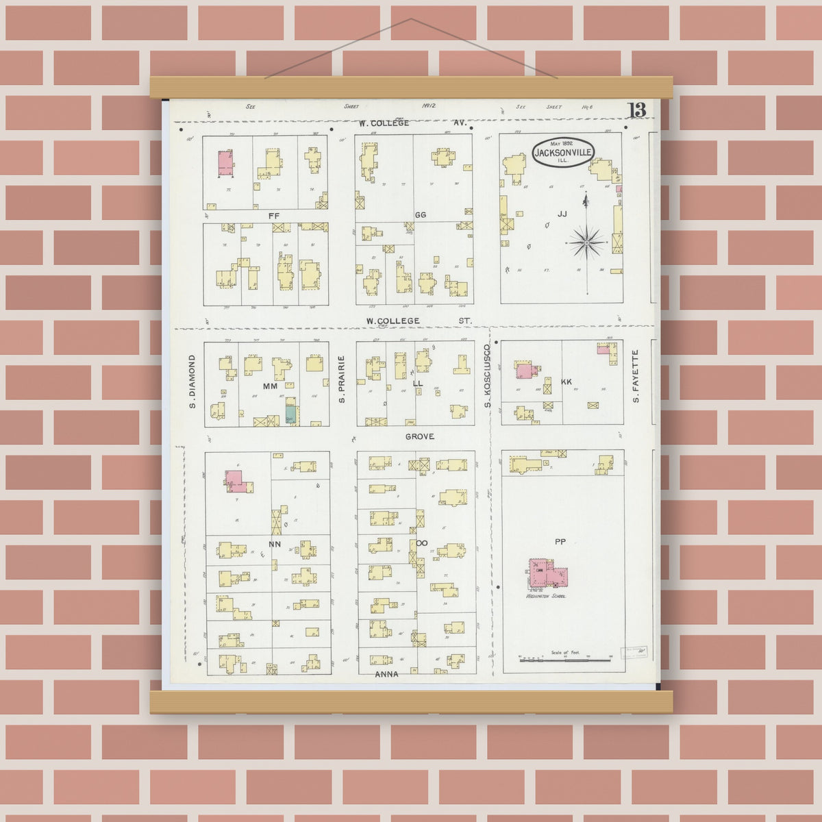 Old map wall art mockup — magnetic wood frame on brick wall — Sanborn Fire Insurance Map from Jacksonville, Morgan County, Illinois (1892), Sheet #0013