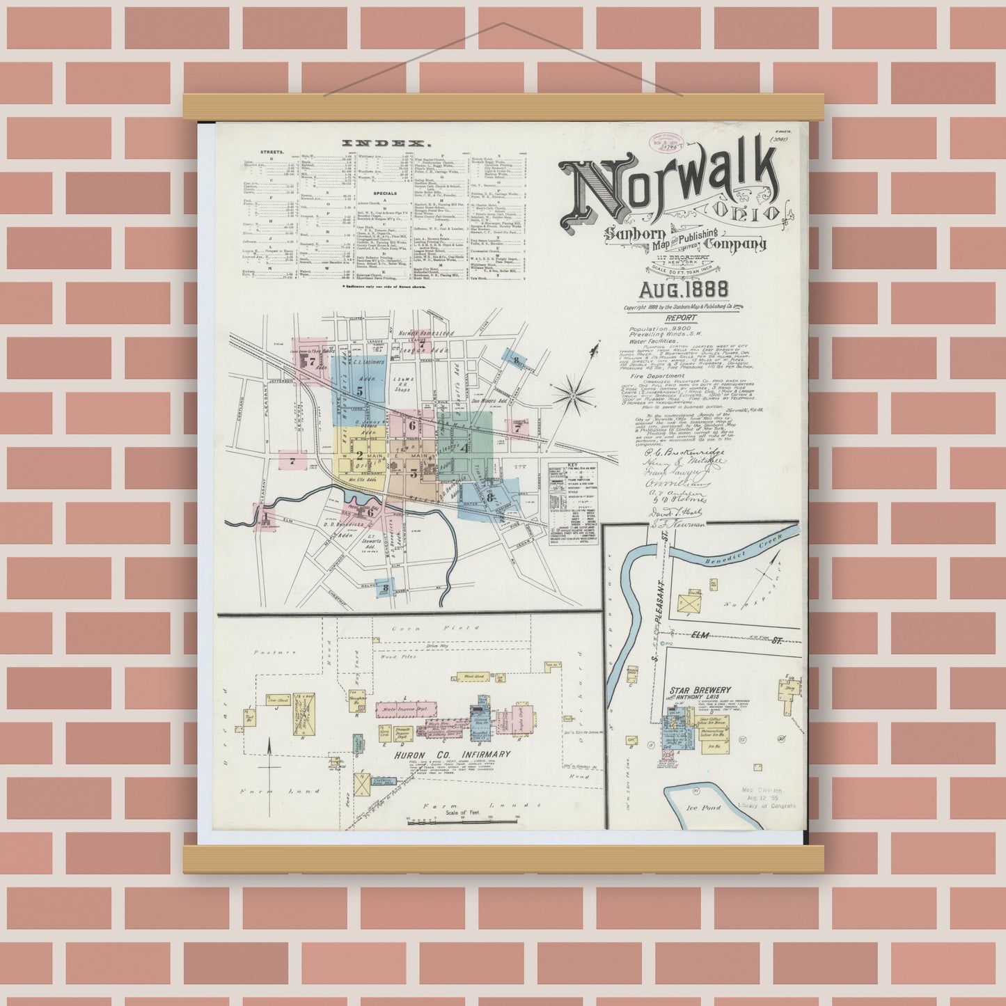 Old map wall art mockup — magnetic wood frame on brick wall — Sanborn Fire Insurance Map from Norwalk, Huron County, Ohio (1888), Sheet #0001