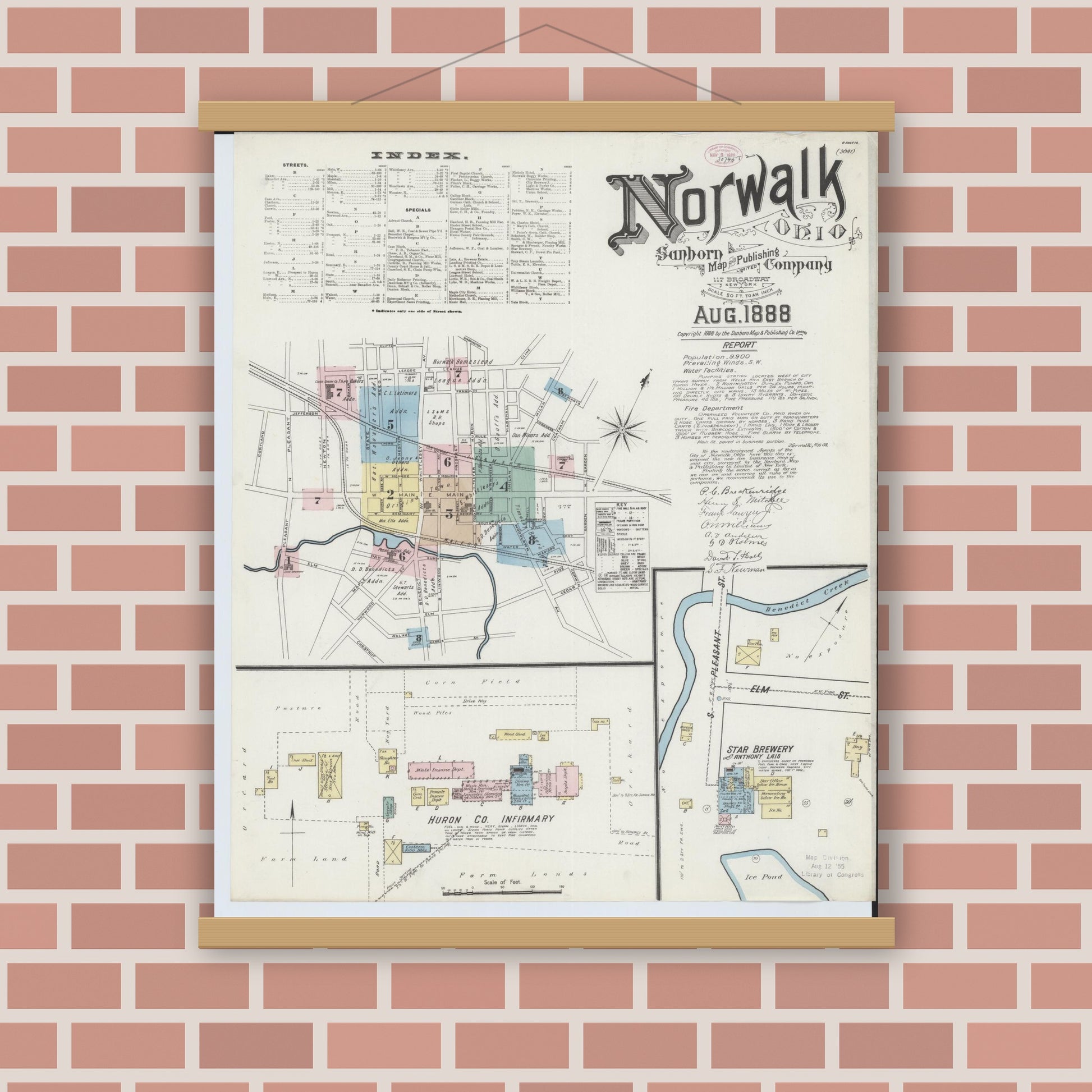 Old map wall art mockup — magnetic wood frame on brick wall — Sanborn Fire Insurance Map from Norwalk, Huron County, Ohio (1888), Sheet #0001