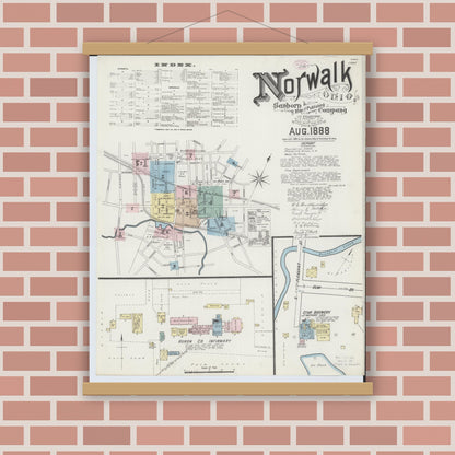 Old map wall art mockup — magnetic wood frame on brick wall — Sanborn Fire Insurance Map from Norwalk, Huron County, Ohio (1888), Sheet #0001