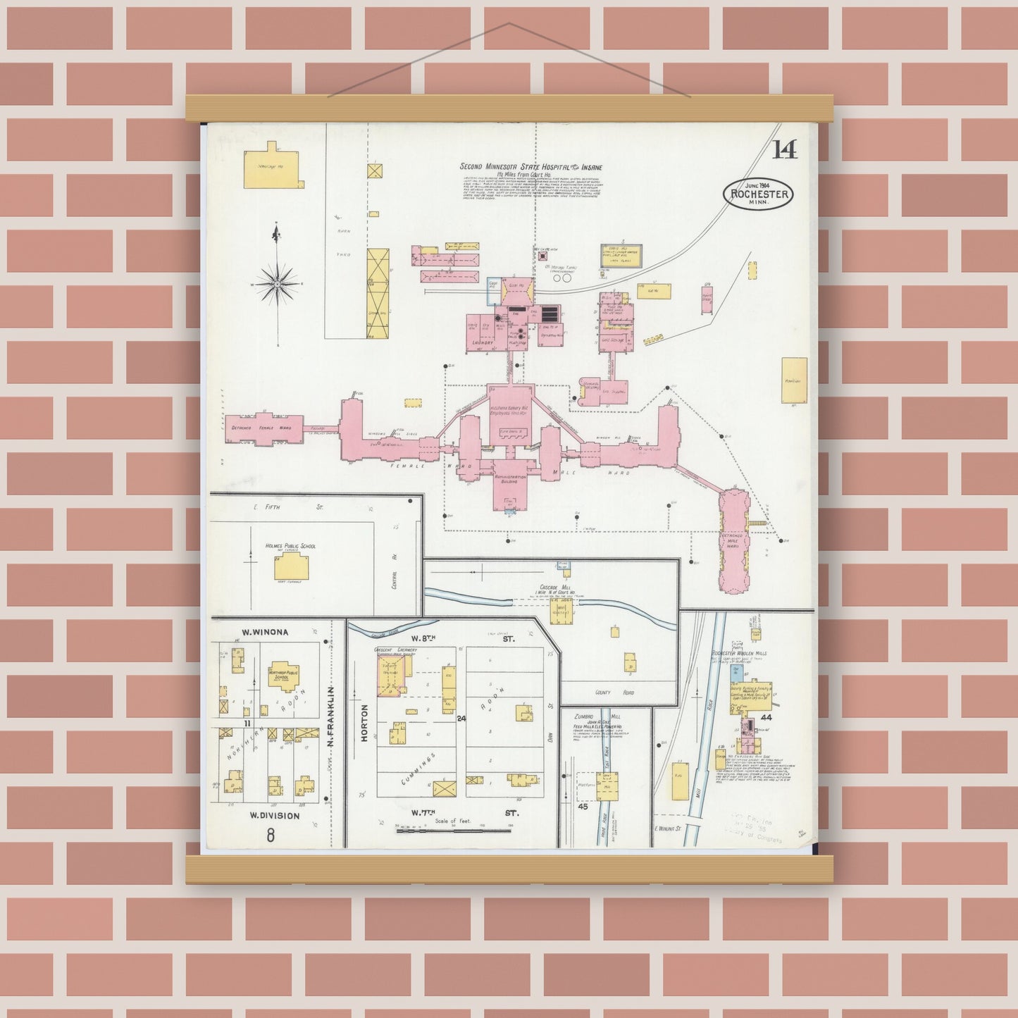 Old map wall art mockup — magnetic wood frame on brick wall — Sanborn Fire Insurance Map from Rochester, Olmsted County, Minnesota (1904), Sheet #0014