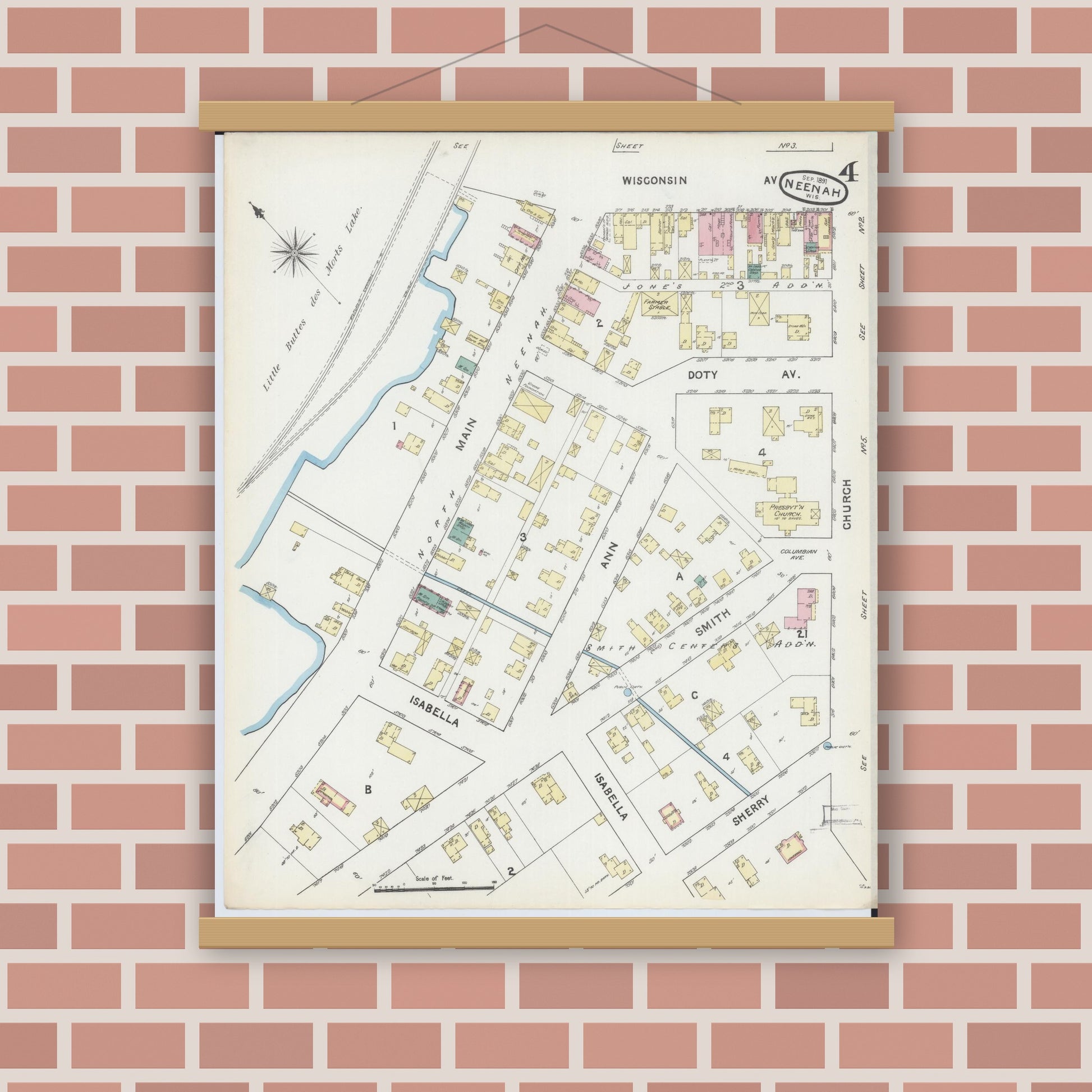 Old map wall art mockup — magnetic wood frame on brick wall — Sanborn Fire Insurance Map from Neenah, Winnebago County, Wisconsin (1891), Sheet #0004