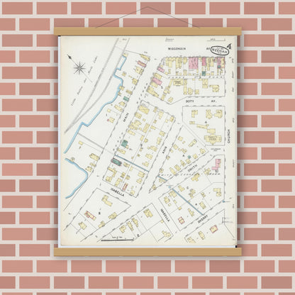 Old map wall art mockup — magnetic wood frame on brick wall — Sanborn Fire Insurance Map from Neenah, Winnebago County, Wisconsin (1891), Sheet #0004