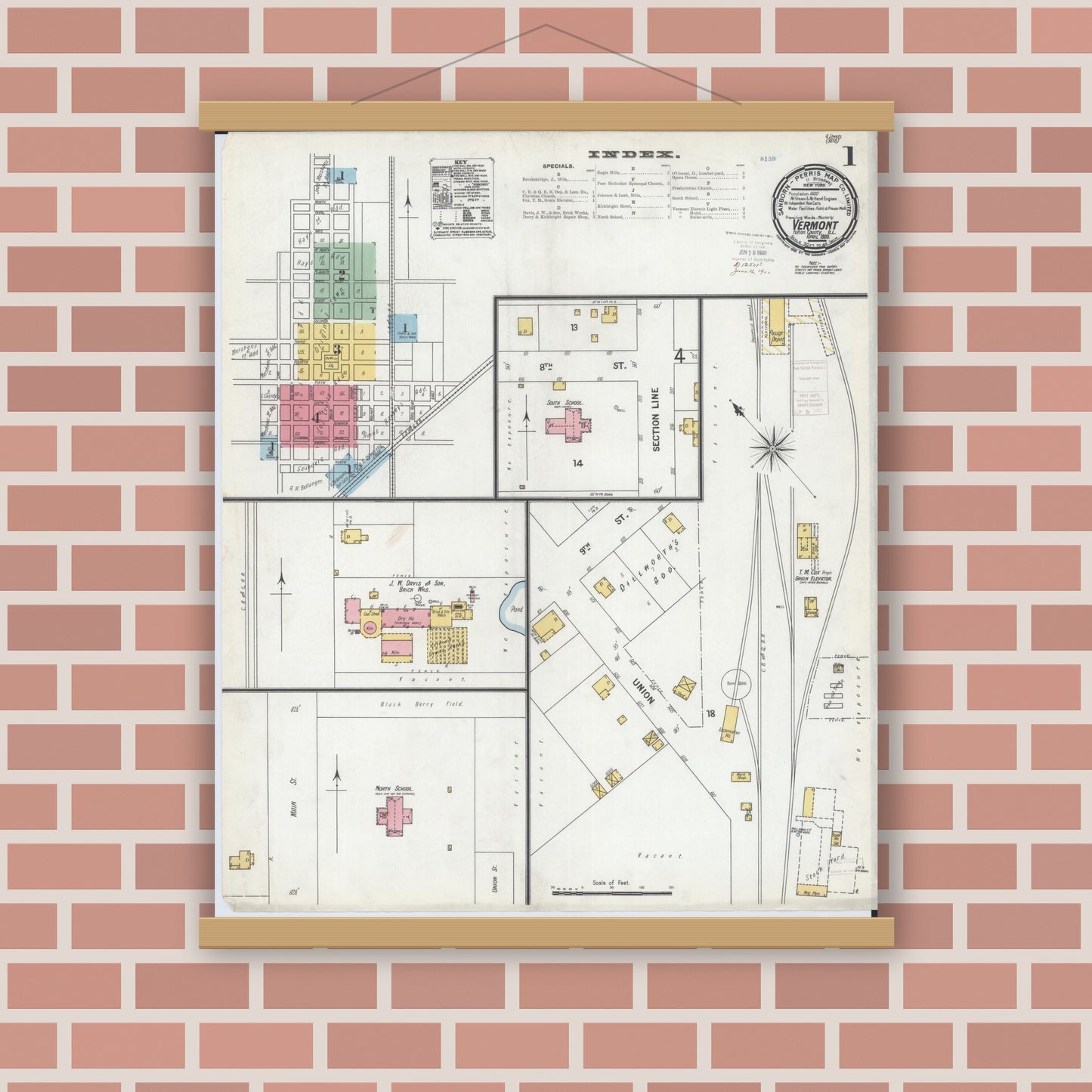 Old map wall art mockup — magnetic wood frame on brick wall — Sanborn Fire Insurance Map from Vermont, Fulton County, Illinois (1900), Sheet #0001