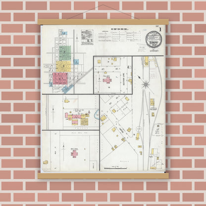 Old map wall art mockup — magnetic wood frame on brick wall — Sanborn Fire Insurance Map from Vermont, Fulton County, Illinois (1900), Sheet #0001