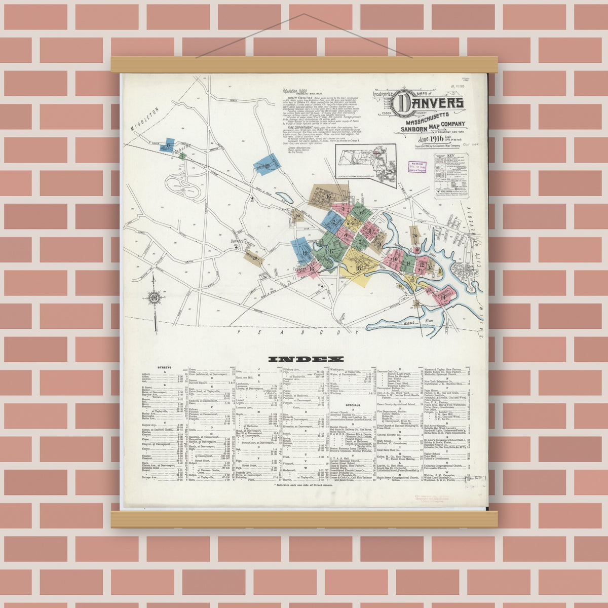 Old map wall art mockup — magnetic wood frame on brick wall — Sanborn Fire Insurance Map from Danvers, Essex County, Massachusetts (1916), Sheet #0001