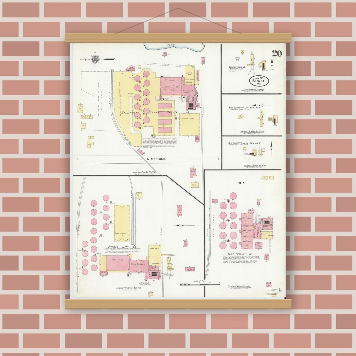 Old map wall art mockup — magnetic wood frame on brick wall — Sanborn Fire Insurance Map from Brazil, Clay County, Indiana (1910), Sheet #0020