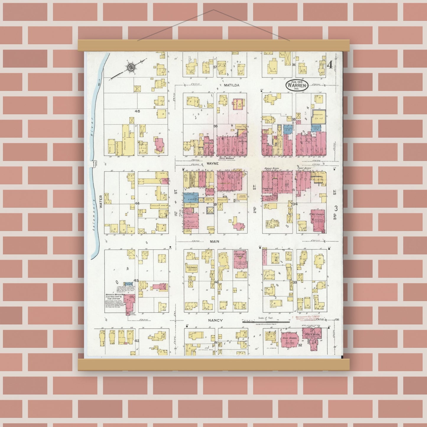 Old map wall art mockup — magnetic wood frame on brick wall — Sanborn Fire Insurance Map from Warren, Huntington County, Indiana (1919), Sheet #0004