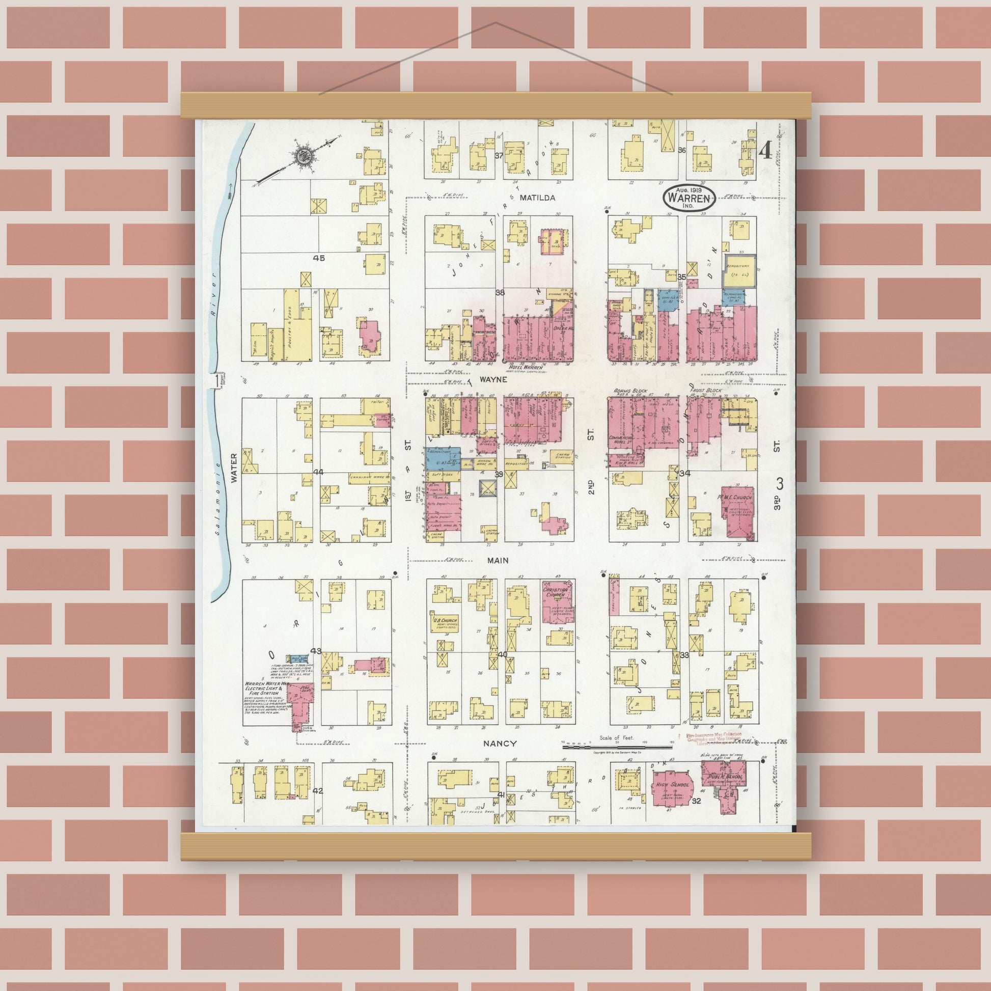 Old map wall art mockup — magnetic wood frame on brick wall — Sanborn Fire Insurance Map from Warren, Huntington County, Indiana (1919), Sheet #0004