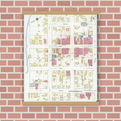 Old map wall art mockup — magnetic wood frame on brick wall — Sanborn Fire Insurance Map from Warren, Huntington County, Indiana (1919), Sheet #0004