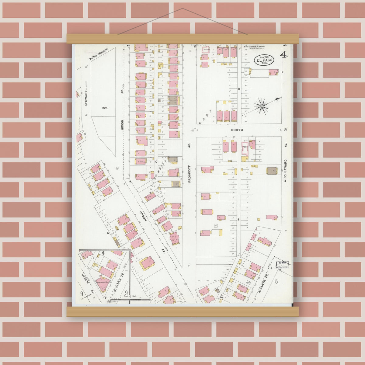 Old map wall art mockup — magnetic wood frame on brick wall — Sanborn Fire Insurance Map from El Paso, El Paso County, Texas (1905), Sheet #0004