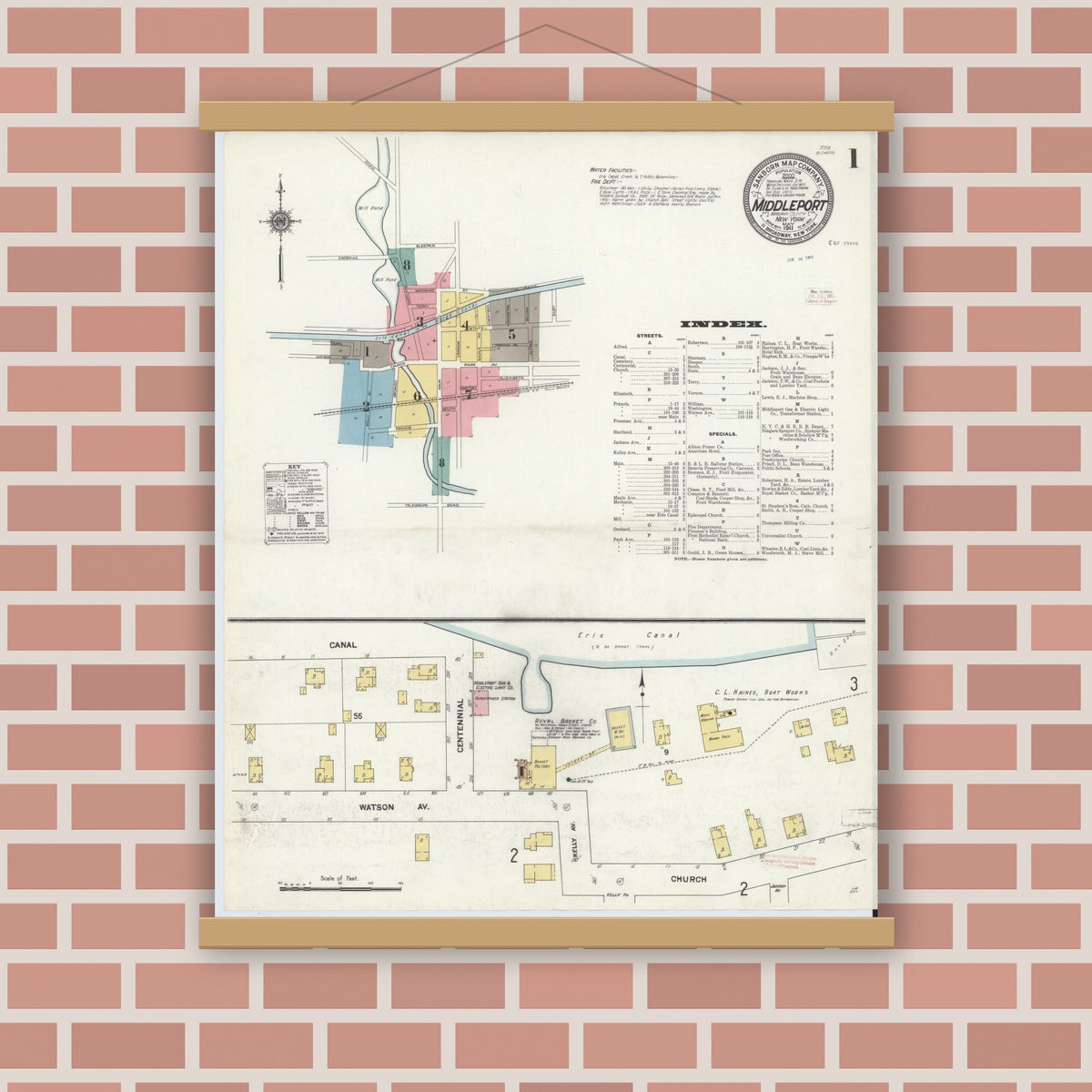 Old map wall art mockup — magnetic wood frame on brick wall — Sanborn Fire Insurance Map from Middleport, Niagara County, New York (1911) - Complete Map Set