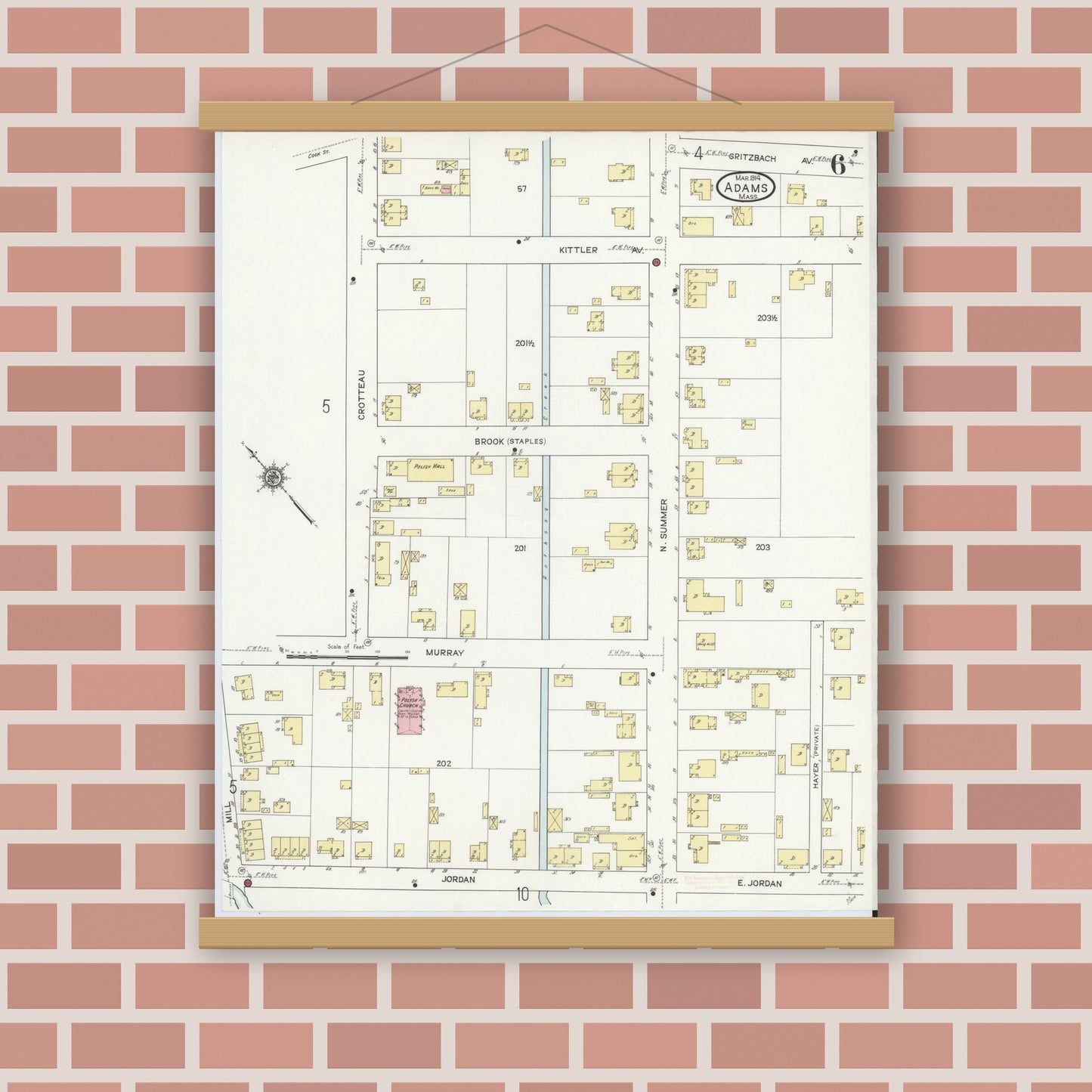 Old map wall art mockup — magnetic wood frame on brick wall — Sanborn Fire Insurance Map from Adams, Berkshire County, Massachusetts (1914), Sheet #0006