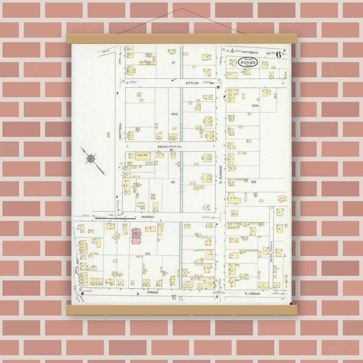 Old map wall art mockup — magnetic wood frame on brick wall — Sanborn Fire Insurance Map from Adams, Berkshire County, Massachusetts (1914), Sheet #0006