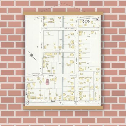 Old map wall art mockup — magnetic wood frame on brick wall — Sanborn Fire Insurance Map from Adams, Berkshire County, Massachusetts (1914), Sheet #0006