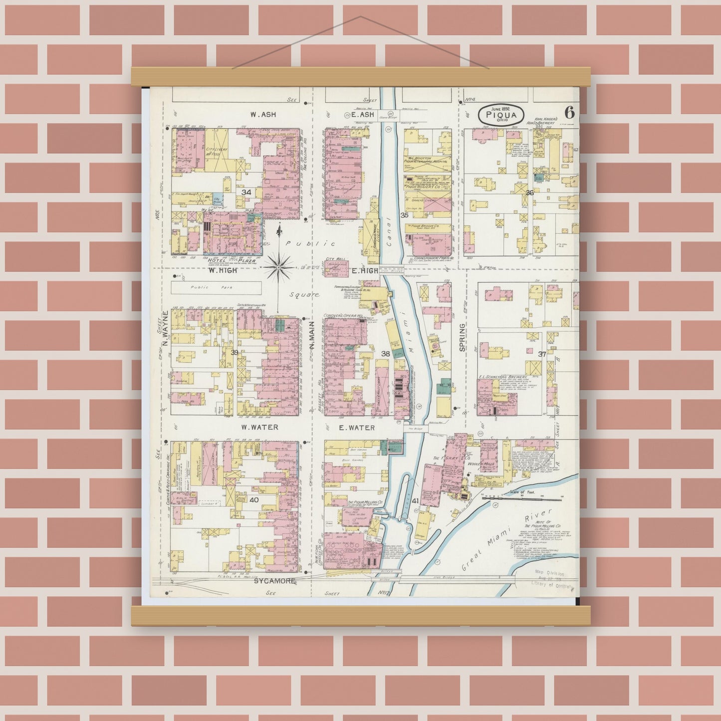 Old map wall art mockup — magnetic wood frame on brick wall — Sanborn Fire Insurance Map from Piqua, Miami County, Ohio (1892), Sheet #0006