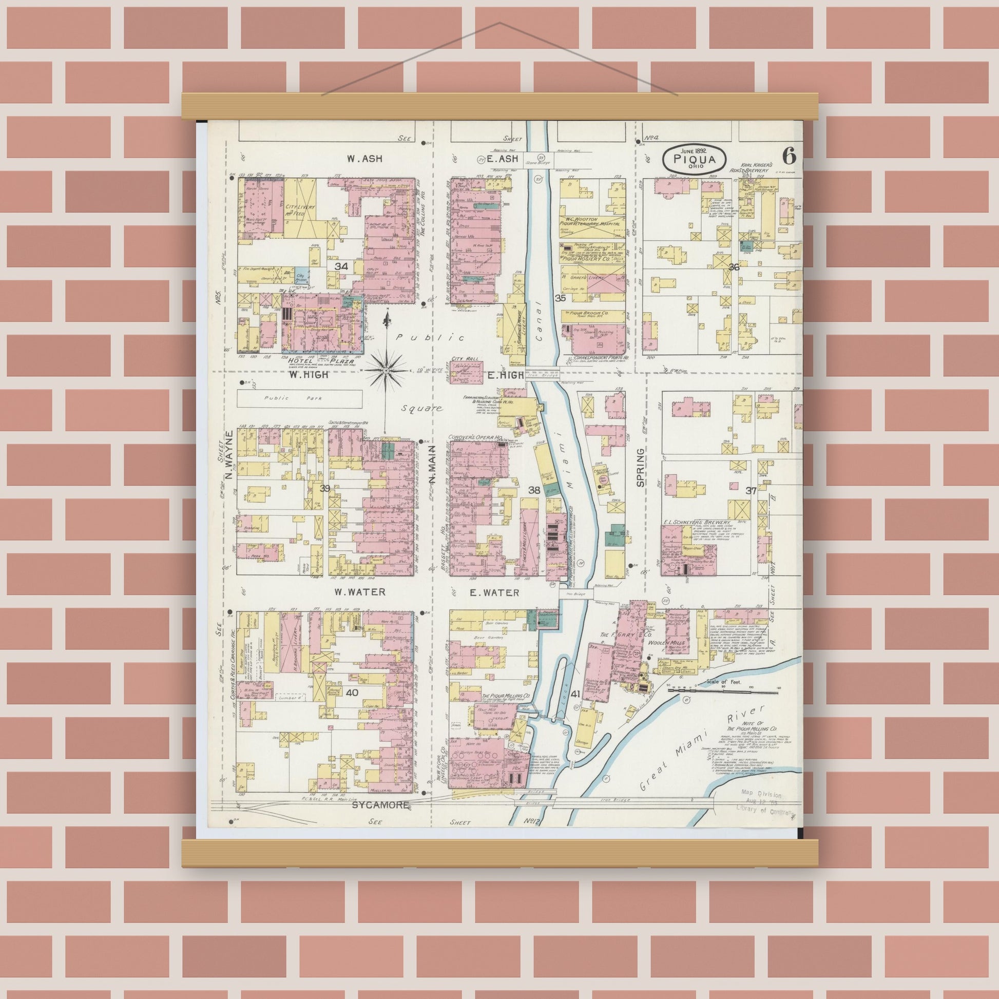 Old map wall art mockup — magnetic wood frame on brick wall — Sanborn Fire Insurance Map from Piqua, Miami County, Ohio (1892), Sheet #0006