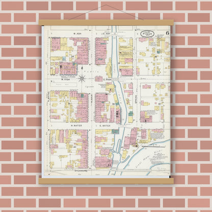 Old map wall art mockup — magnetic wood frame on brick wall — Sanborn Fire Insurance Map from Piqua, Miami County, Ohio (1892), Sheet #0006