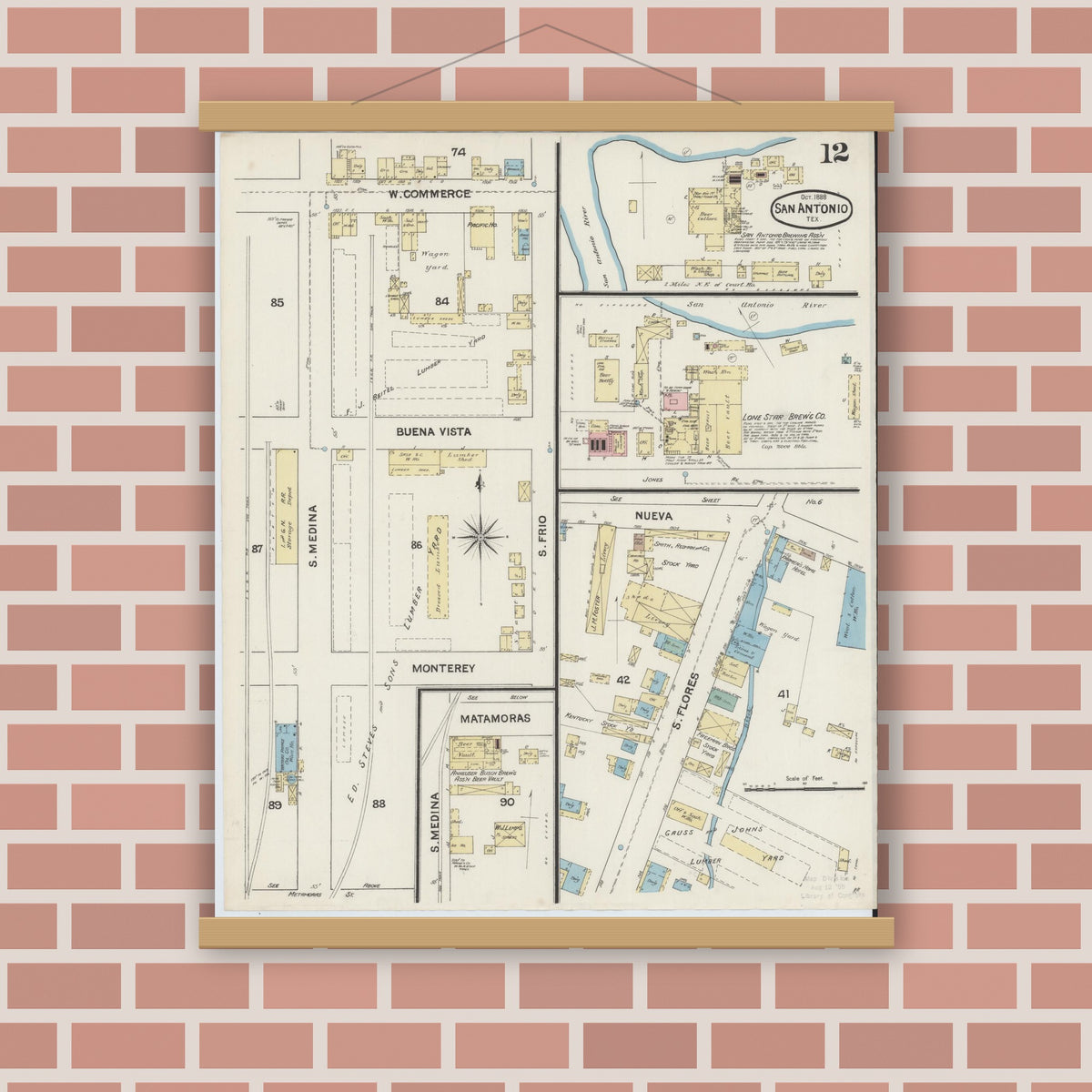 Old map wall art mockup — magnetic wood frame on brick wall — Sanborn Fire Insurance Map from San Antonio, Bexar County, Texas (1888), Sheet #0012