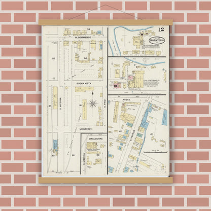 Old map wall art mockup — magnetic wood frame on brick wall — Sanborn Fire Insurance Map from San Antonio, Bexar County, Texas (1888), Sheet #0012
