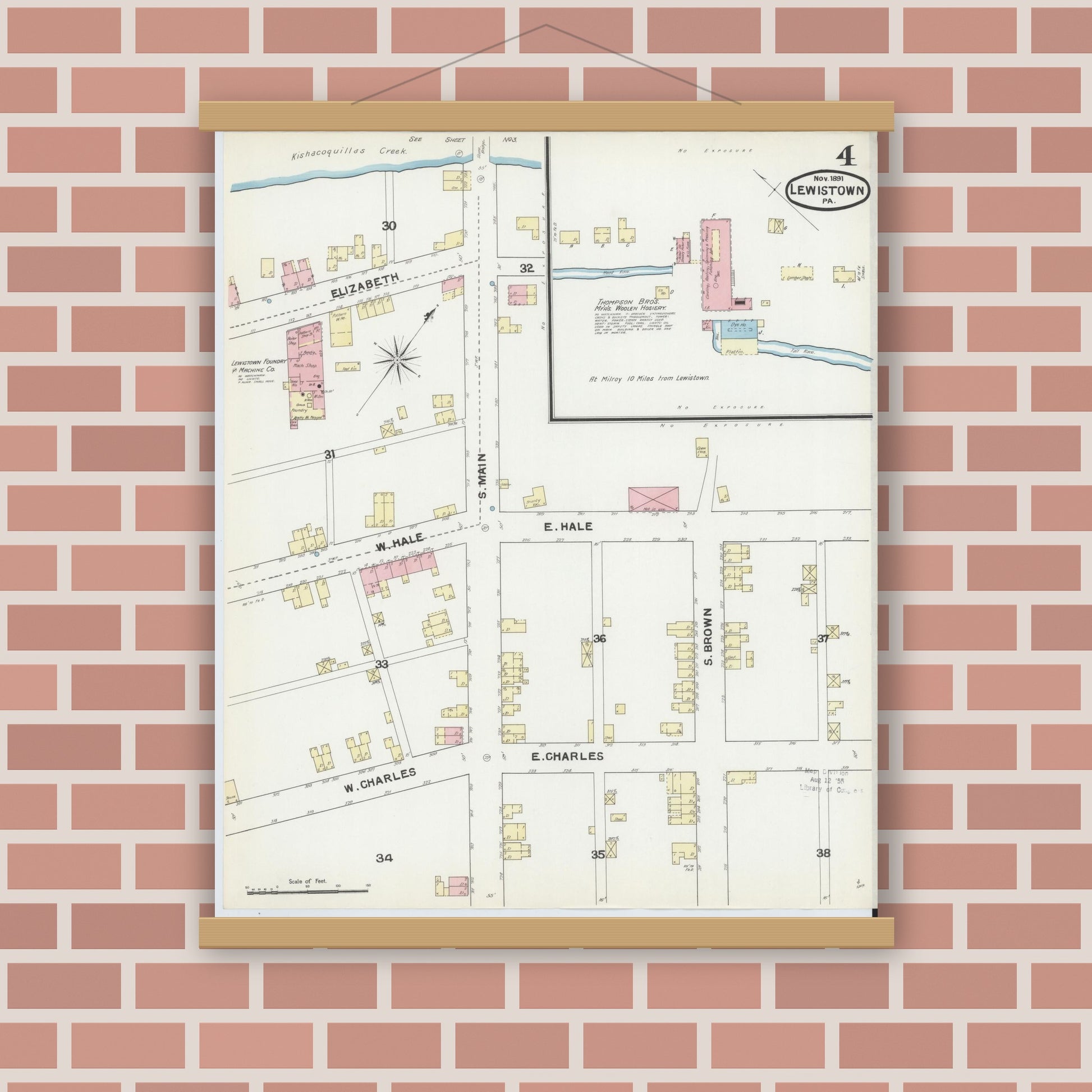 Old map wall art mockup — magnetic wood frame on brick wall — Sanborn Fire Insurance Map from Lewistown, Mifflin County, Pennsylvania (1891), Sheet #0004