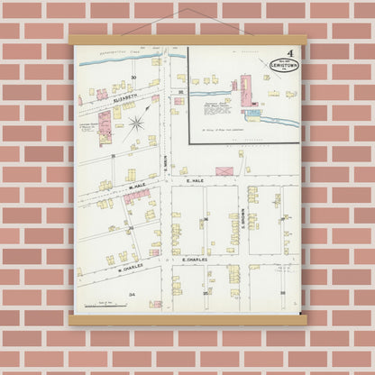 Old map wall art mockup — magnetic wood frame on brick wall — Sanborn Fire Insurance Map from Lewistown, Mifflin County, Pennsylvania (1891), Sheet #0004