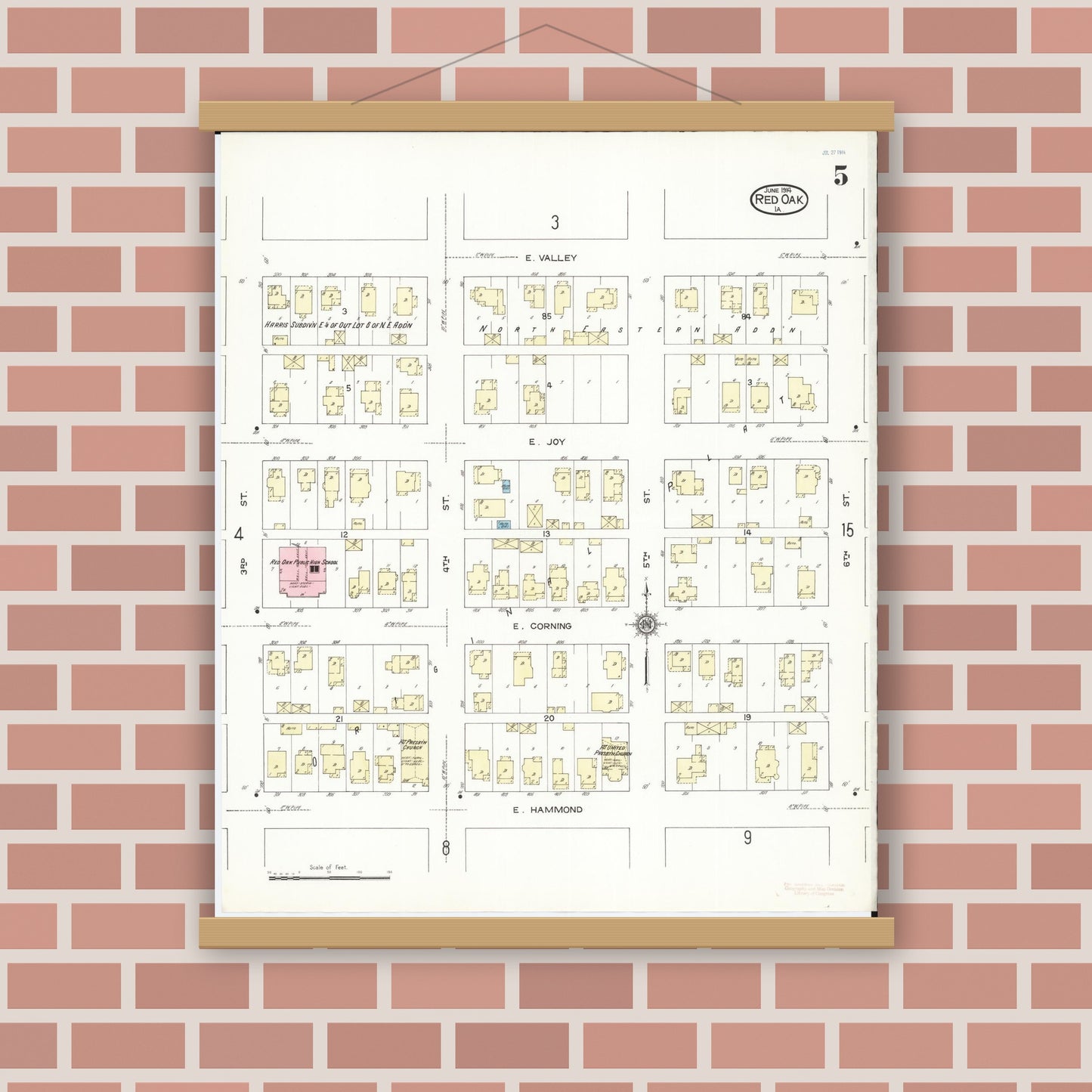 Old map wall art mockup — magnetic wood frame on brick wall — Sanborn Fire Insurance Map from Red Oak, Montgomery County, Iowa (1914), Sheet #0005