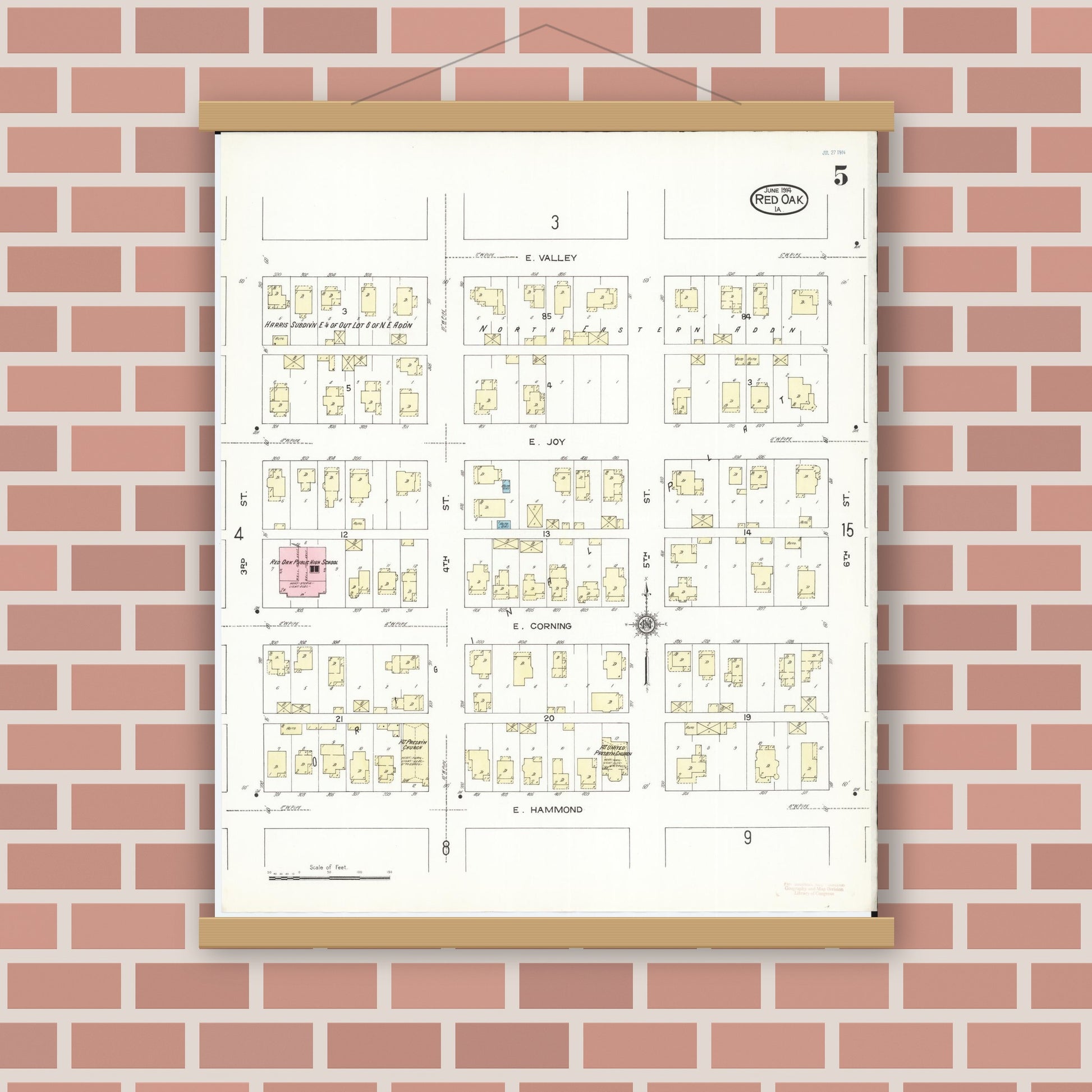 Old map wall art mockup — magnetic wood frame on brick wall — Sanborn Fire Insurance Map from Red Oak, Montgomery County, Iowa (1914), Sheet #0005