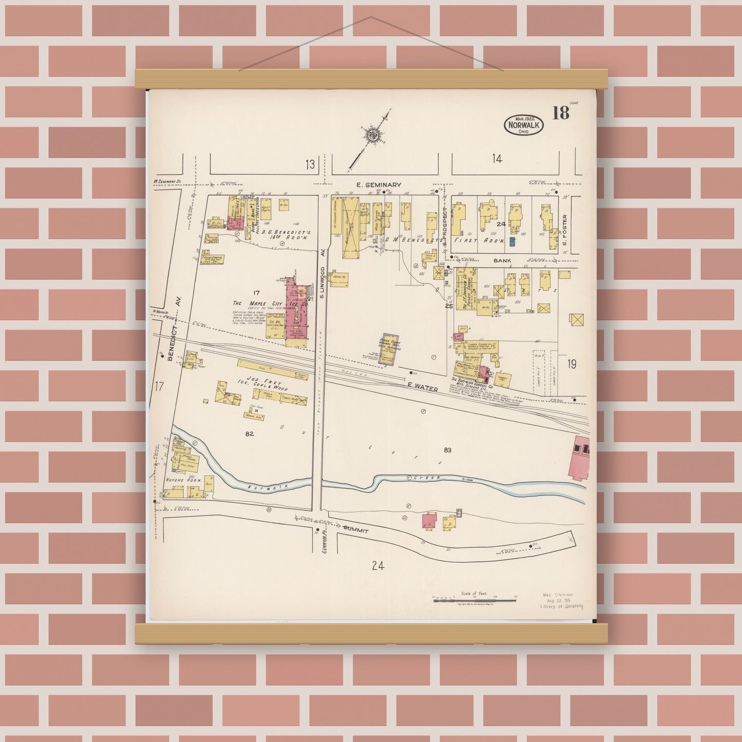 Old map wall art mockup — magnetic wood frame on brick wall — Sanborn Fire Insurance Map from Norwalk, Huron County, Ohio (1922), Sheet #0018