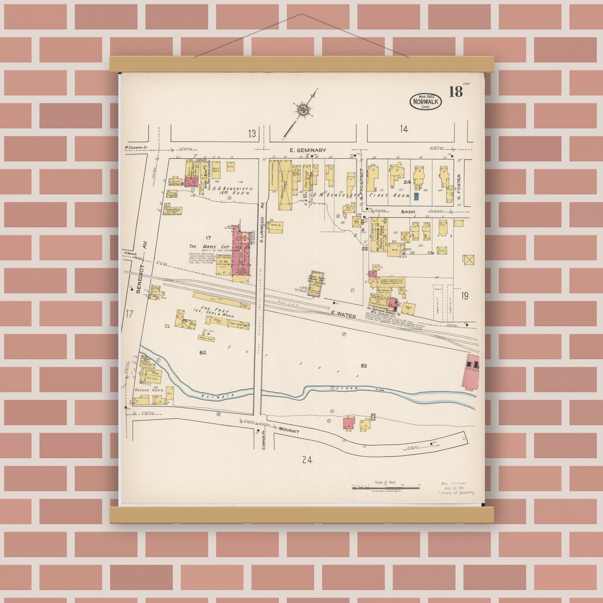 Old map wall art mockup — magnetic wood frame on brick wall — Sanborn Fire Insurance Map from Norwalk, Huron County, Ohio (1922), Sheet #0018