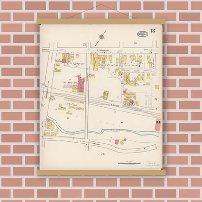 Old map wall art mockup — magnetic wood frame on brick wall — Sanborn Fire Insurance Map from Norwalk, Huron County, Ohio (1922), Sheet #0018