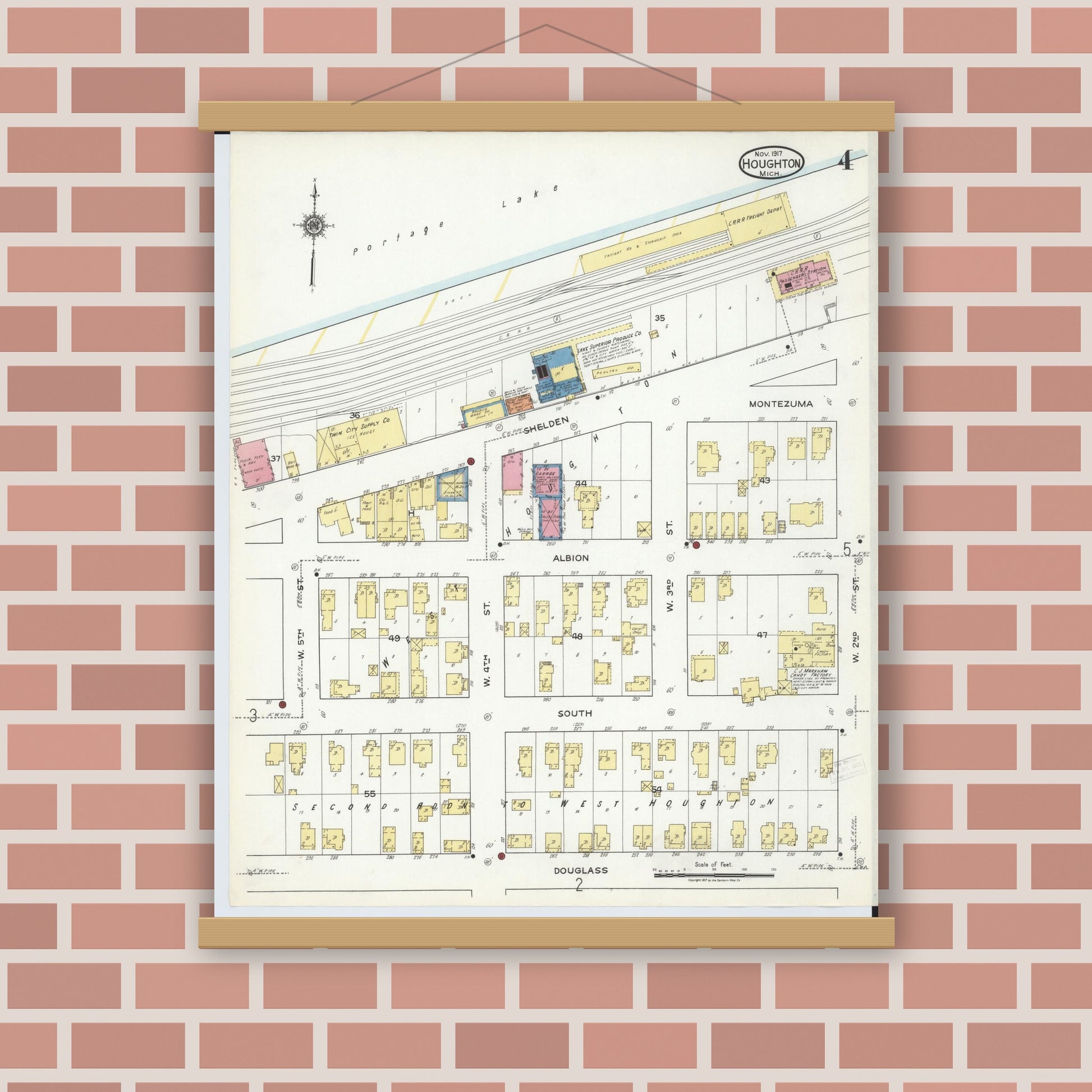 Old map wall art mockup — magnetic wood frame on brick wall — Sanborn Fire Insurance Map from Houghton, Houghton County, Michigan (1917), Sheet #0004