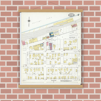Old map wall art mockup — magnetic wood frame on brick wall — Sanborn Fire Insurance Map from Houghton, Houghton County, Michigan (1917), Sheet #0004