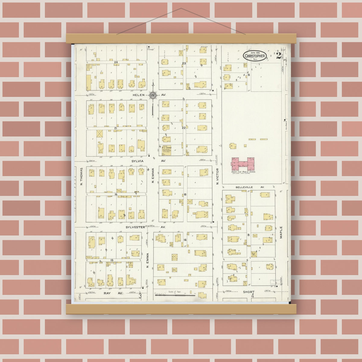 Old map wall art mockup — magnetic wood frame on brick wall — Sanborn Fire Insurance Map from Christopher, Franklin County, Illinois (1916), Sheet #0002