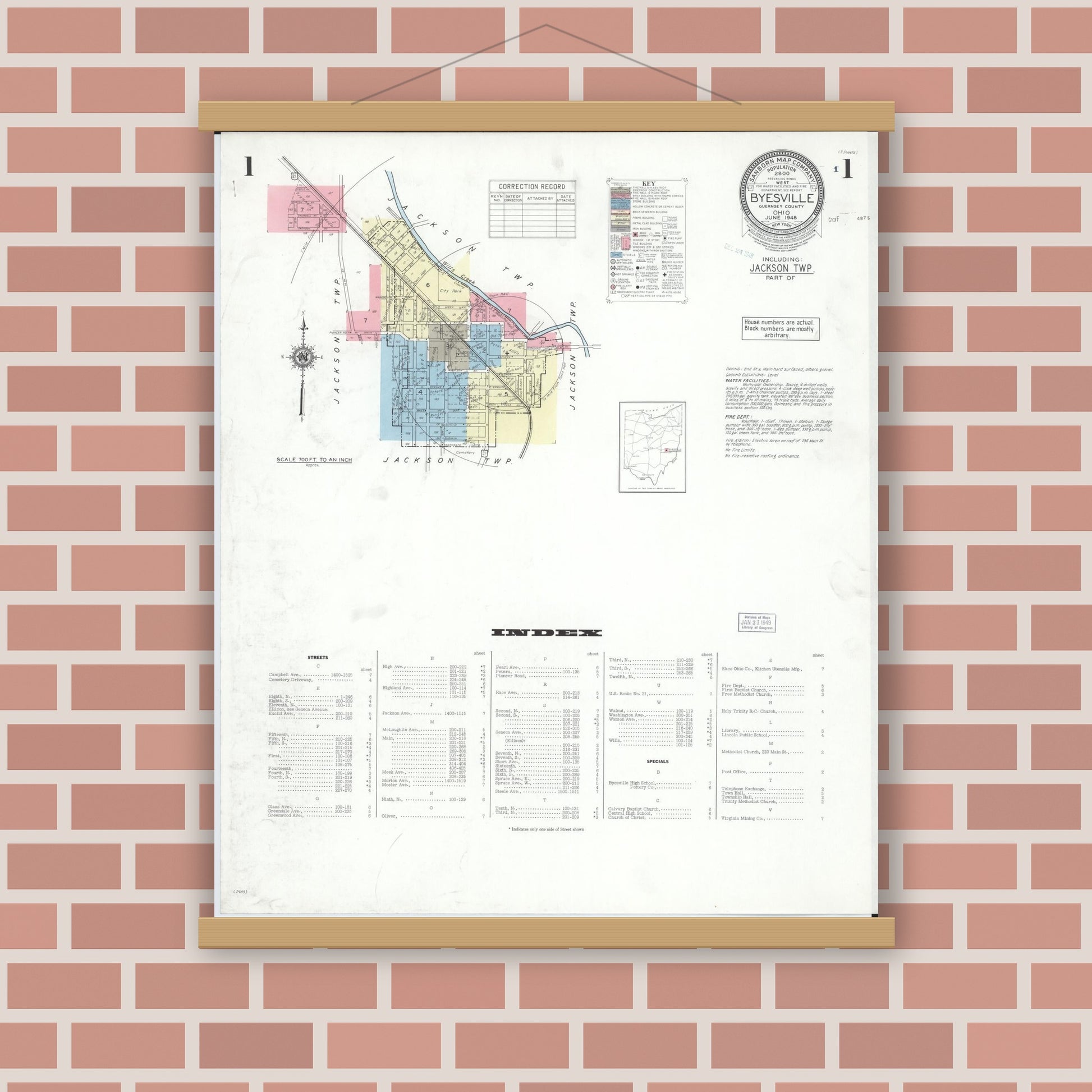 Old map wall art mockup — magnetic wood frame on brick wall — Sanborn Fire Insurance Map from Byesville, Guernsey County, Ohio (1948) - Complete Map Set