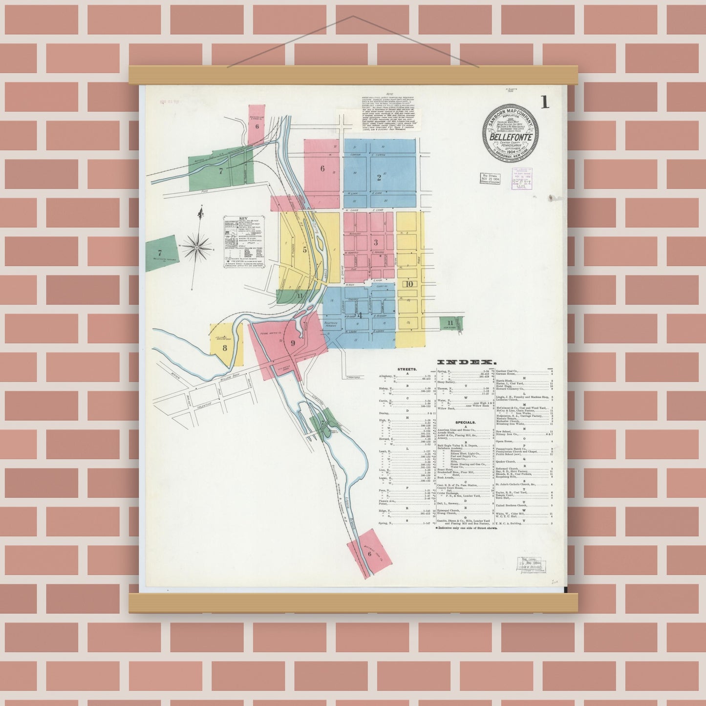 Old map wall art mockup — magnetic wood frame on brick wall — Sanborn Fire Insurance Map from Bellefonte, Centre County, Pennsylvania (1904) - Complete Map Set