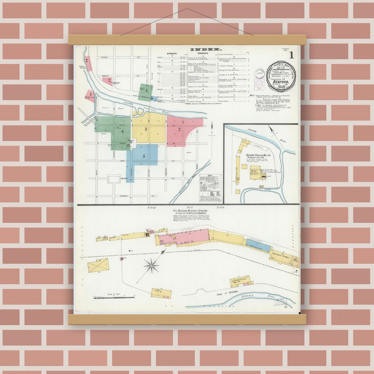 Old map wall art mockup — magnetic wood frame on brick wall — Sanborn Fire Insurance Map from Bedford, Bedford County, Pennsylvania (1901), Sheet #0001