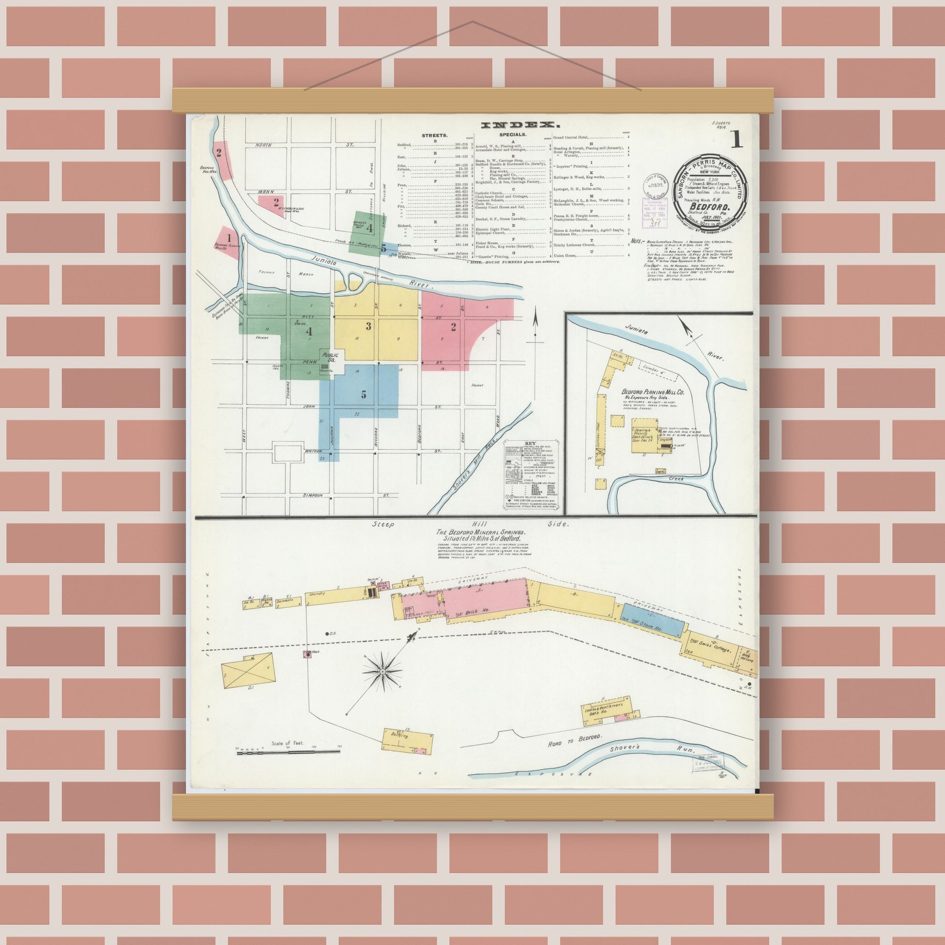 Old map wall art mockup — magnetic wood frame on brick wall — Sanborn Fire Insurance Map from Bedford, Bedford County, Pennsylvania (1901), Sheet #0001