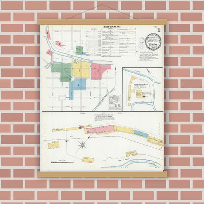 Old map wall art mockup — magnetic wood frame on brick wall — Sanborn Fire Insurance Map from Bedford, Bedford County, Pennsylvania (1901), Sheet #0001