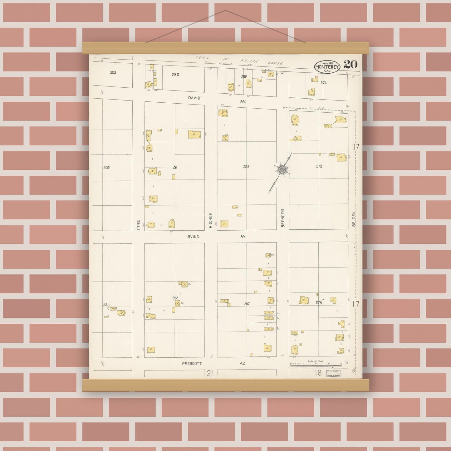 Old map wall art mockup — magnetic wood frame on brick wall — Sanborn Fire Insurance Map from Monterey, Monterey County, California (1912), Sheet #0020