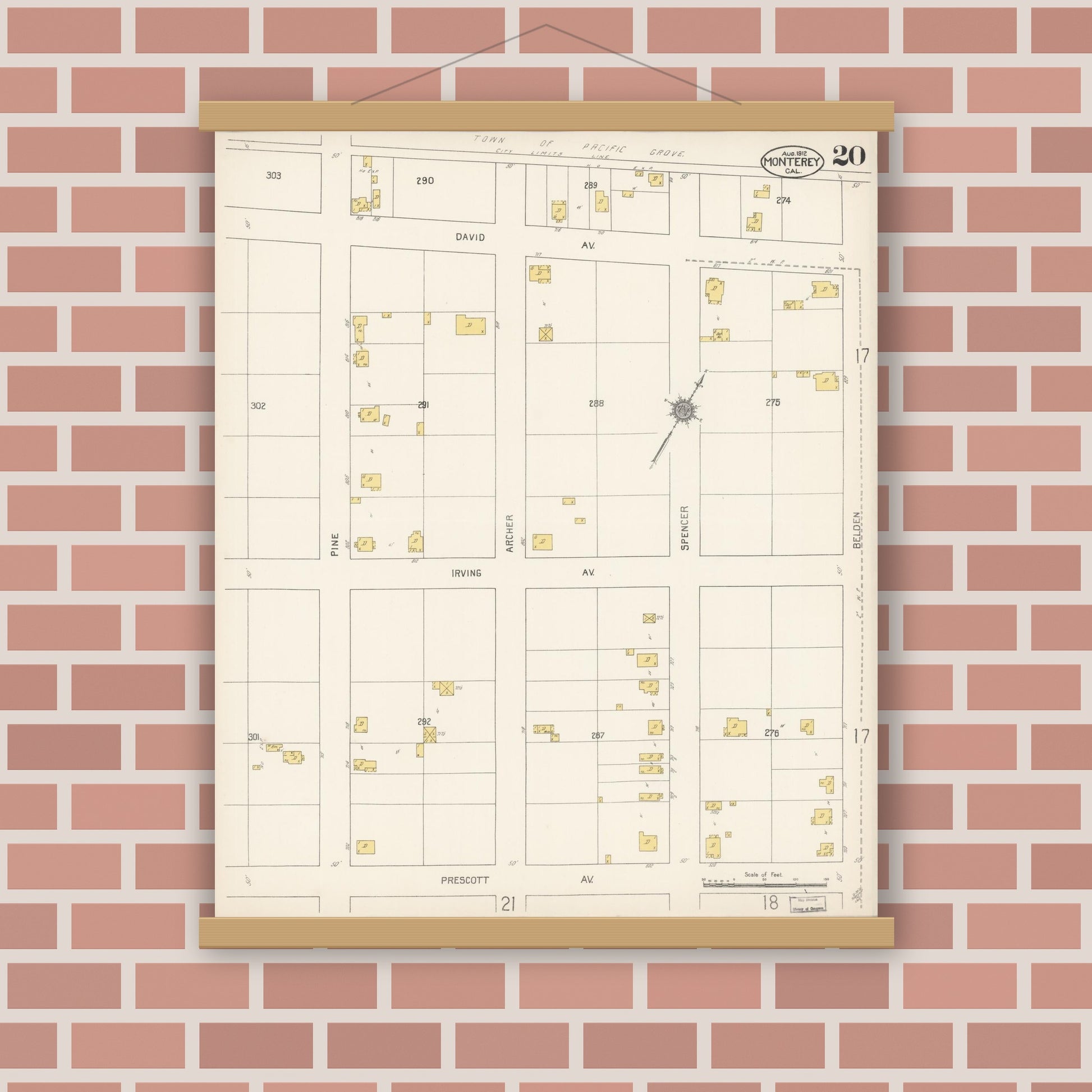 Old map wall art mockup — magnetic wood frame on brick wall — Sanborn Fire Insurance Map from Monterey, Monterey County, California (1912), Sheet #0020