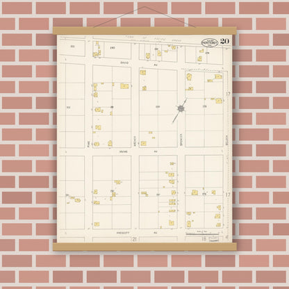 Old map wall art mockup — magnetic wood frame on brick wall — Sanborn Fire Insurance Map from Monterey, Monterey County, California (1912), Sheet #0020
