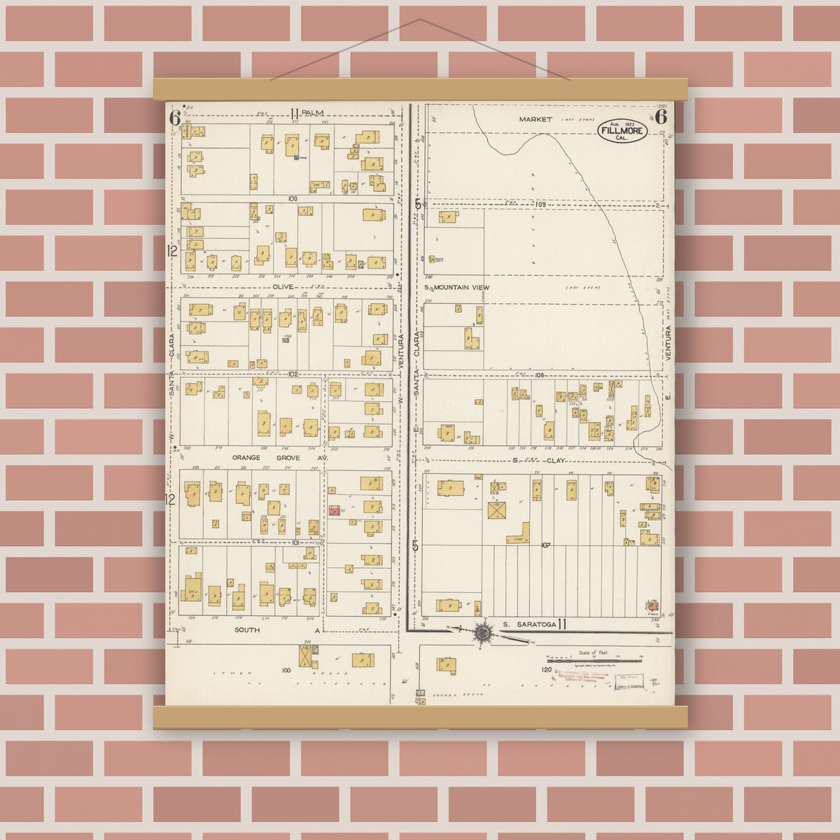 Old map wall art mockup — magnetic wood frame on brick wall — Sanborn Fire Insurance Map from Fillmore, Ventura County, California (1923), Sheet #0006