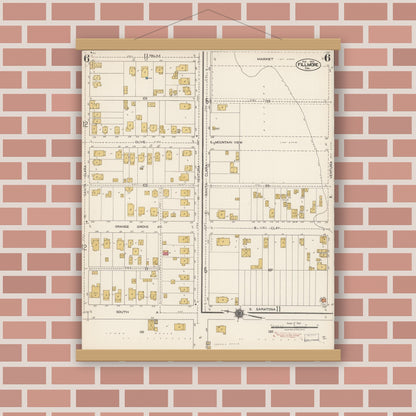 Old map wall art mockup — magnetic wood frame on brick wall — Sanborn Fire Insurance Map from Fillmore, Ventura County, California (1923), Sheet #0006