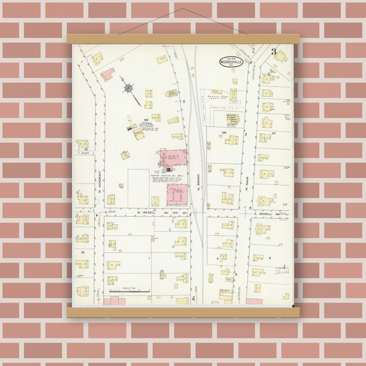 Old map wall art mockup — magnetic wood frame on brick wall — Sanborn Fire Insurance Map from Mooresville, Iredell County, North Carolina (1914), Sheet #0003